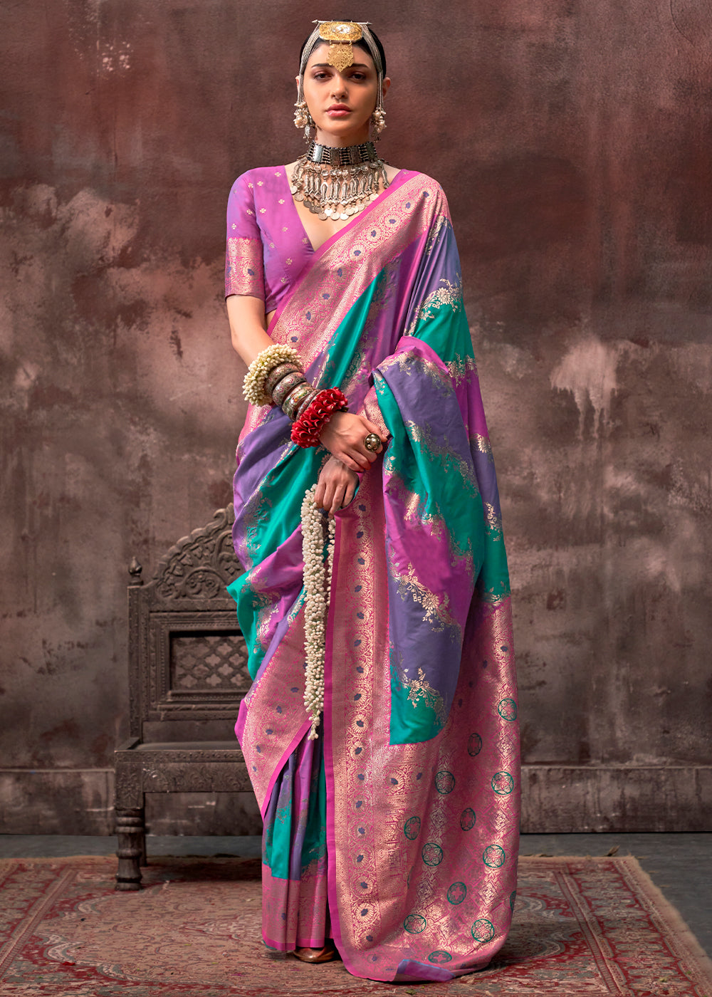 Purple & Green Rangkaat Handloom Silk Saree