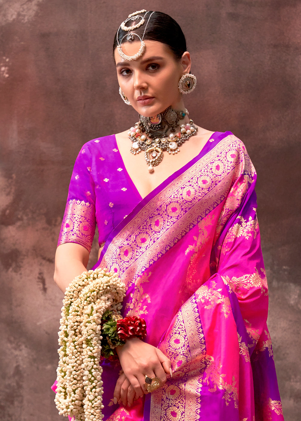 Pink & Purple Rangkaat Handloom Silk Saree