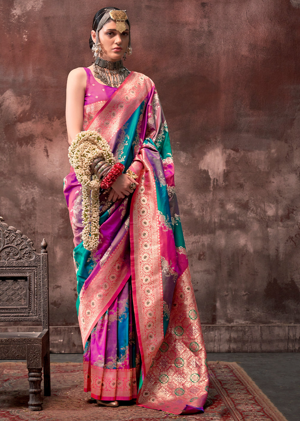 Blue & Pink Rangkaat Handloom Silk Saree