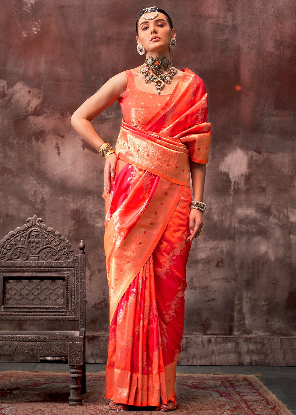 Pink & Orange Rangkaat Handloom Silk Saree