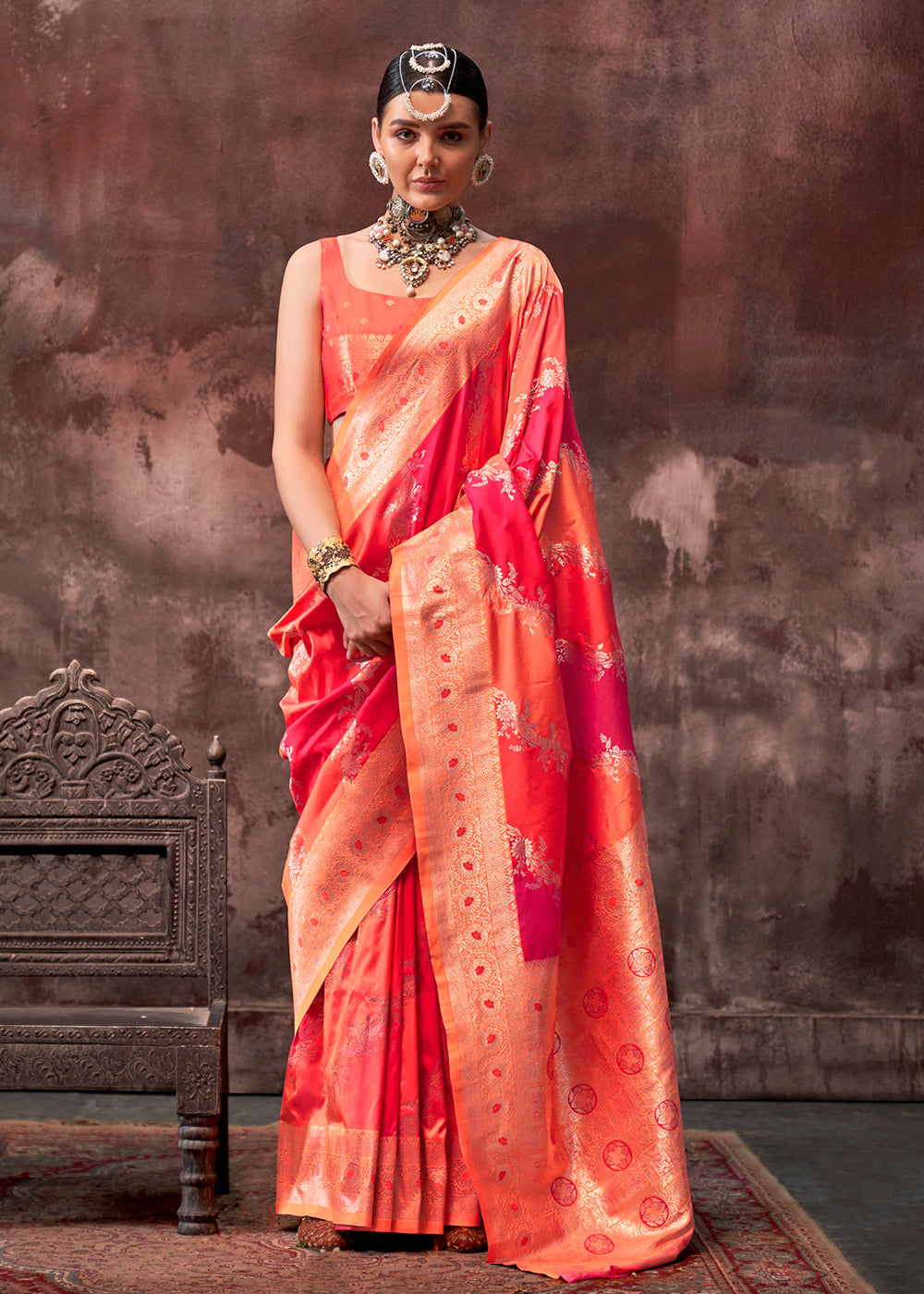 Pink & Orange Rangkaat Handloom Silk Saree