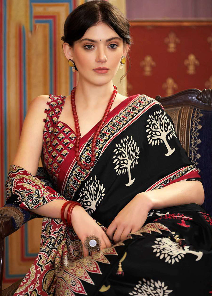 Jade Black Ajrakh Printed Satin Crepe Saree: Top Pick