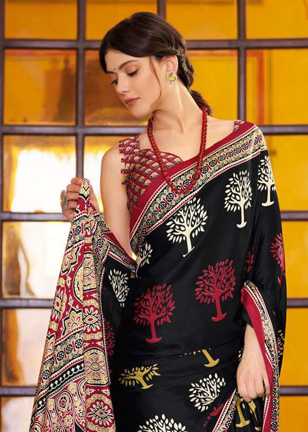 Jade Black Ajrakh Printed Satin Crepe Saree: Top Pick