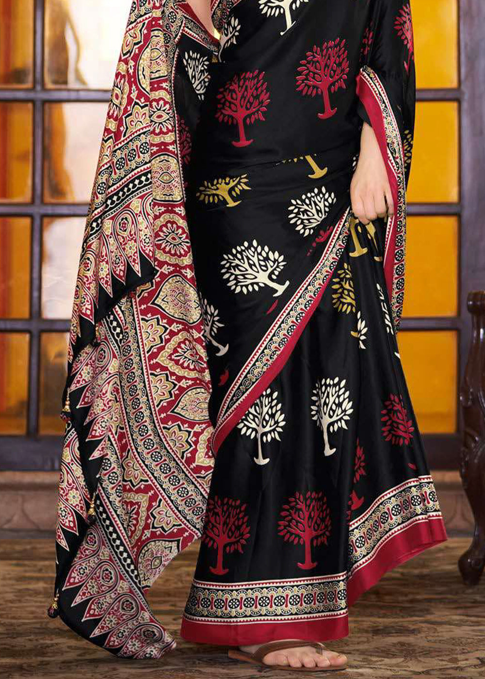 Jade Black Ajrakh Printed Satin Crepe Saree: Top Pick