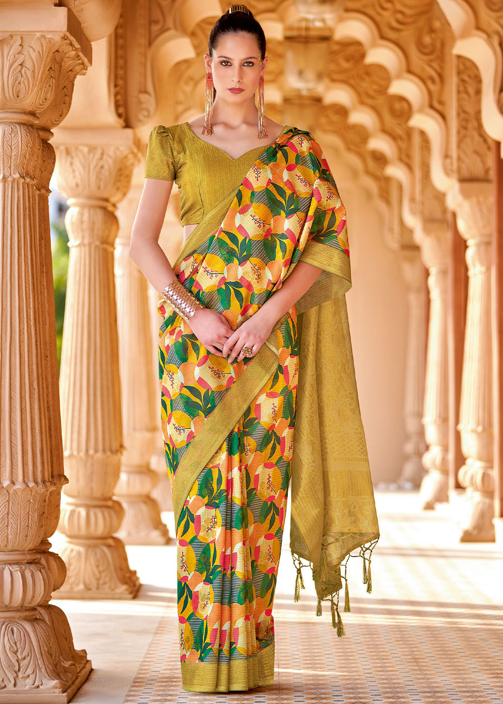 Mustard Yellow Floral Printed Cotton Silk Saree:Summer Collection