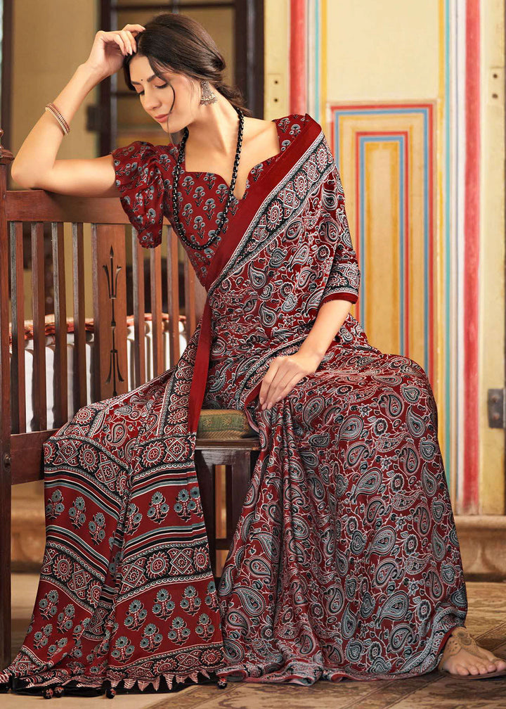 Maroon Red Ajrakh Printed Satin Crepe Saree:Summer Collection