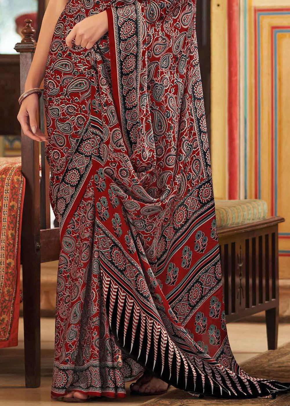 Maroon Red Ajrakh Printed Satin Crepe Saree:Summer Collection