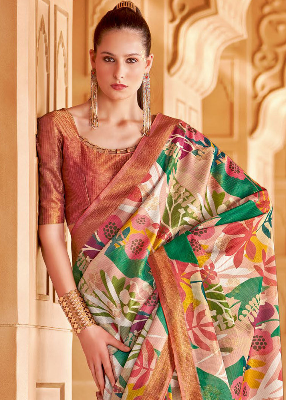 Persian Red Floral Printed Cotton Silk Saree:Summer Collection