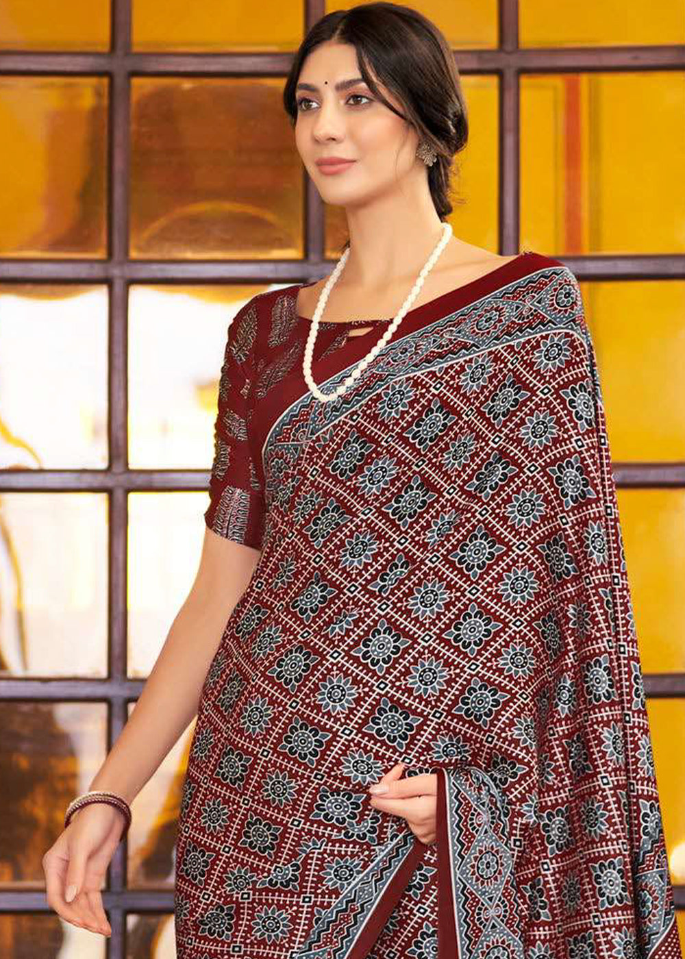 Burgundy Red Ajrakh Printed Satin Crepe Saree:Summer Collection