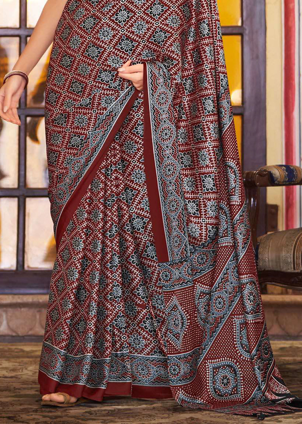 Burgundy Red Ajrakh Printed Satin Crepe Saree:Summer Collection