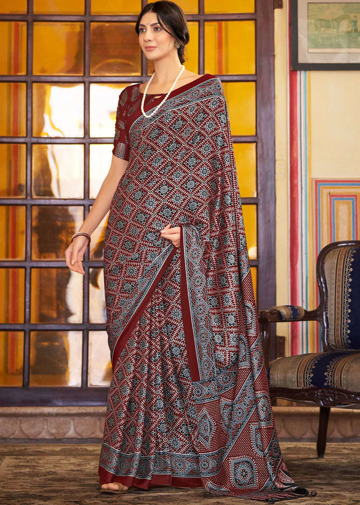 Burgundy Red Ajrakh Printed Satin Crepe Saree:Summer Collection