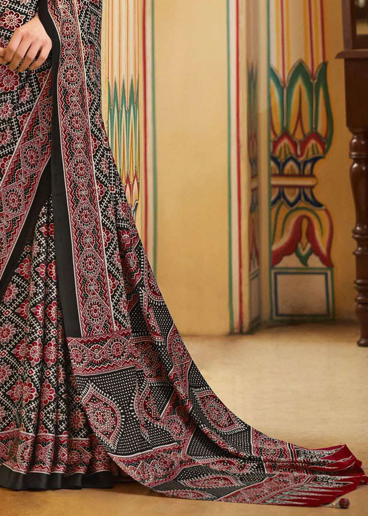 Coal Black Ajrakh Printed Satin Crepe Saree:Summer Collection