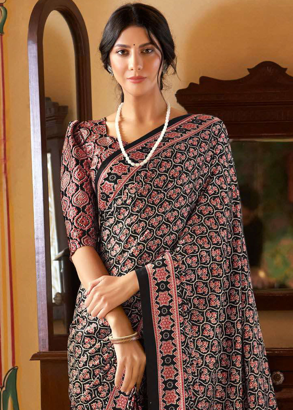 Ink Black Ajrakh Printed Satin Crepe Saree:Summer Collection