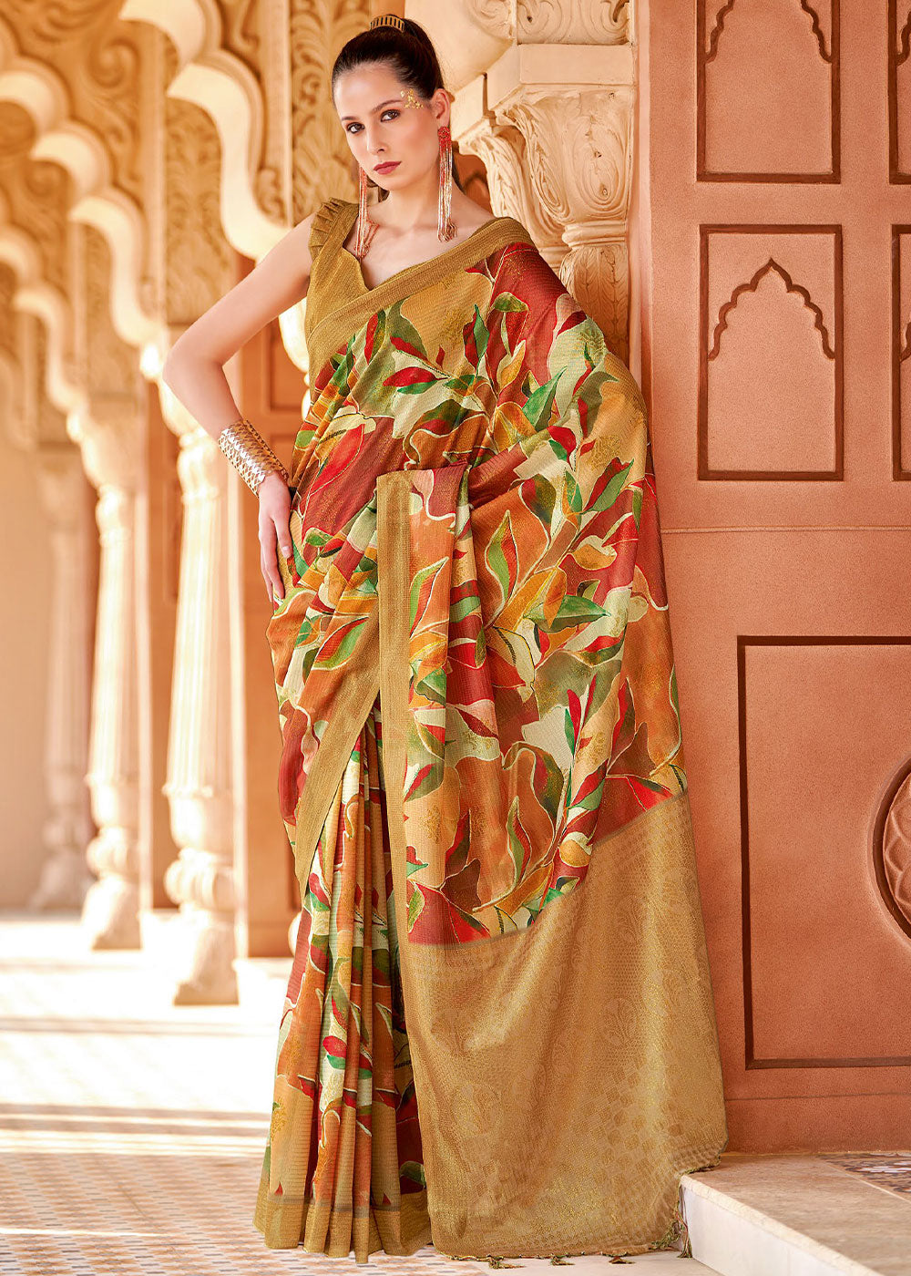 Copper Brown Floral Printed Cotton Silk Saree:Summer Collection