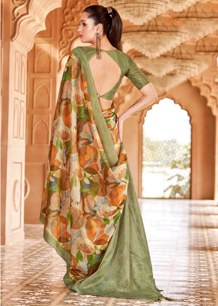 Pastel Green Floral Printed Cotton Silk Saree:Summer Collection