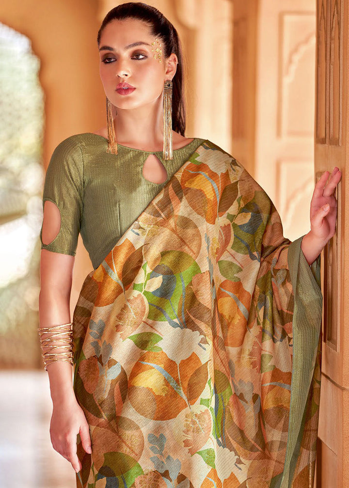 Pastel Green Floral Printed Cotton Silk Saree:Summer Collection