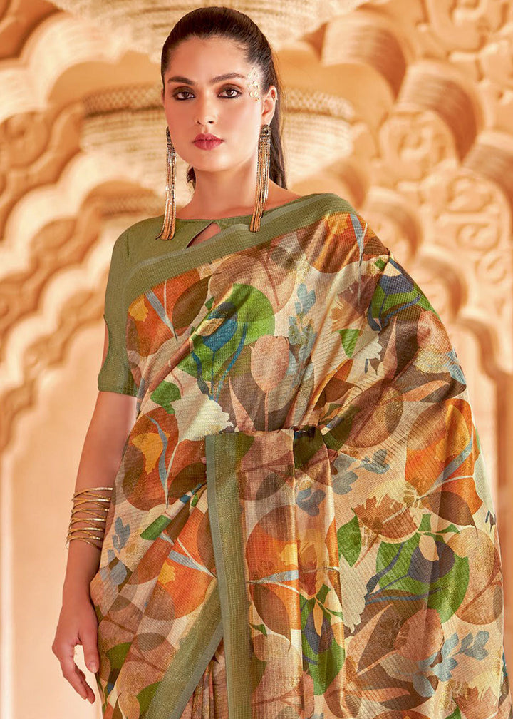 Pastel Green Floral Printed Cotton Silk Saree:Summer Collection