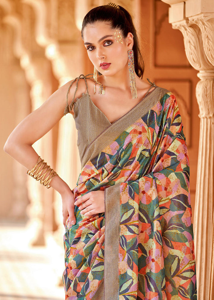 Brownish Grey Floral Printed Cotton Silk Saree:Summer Collection