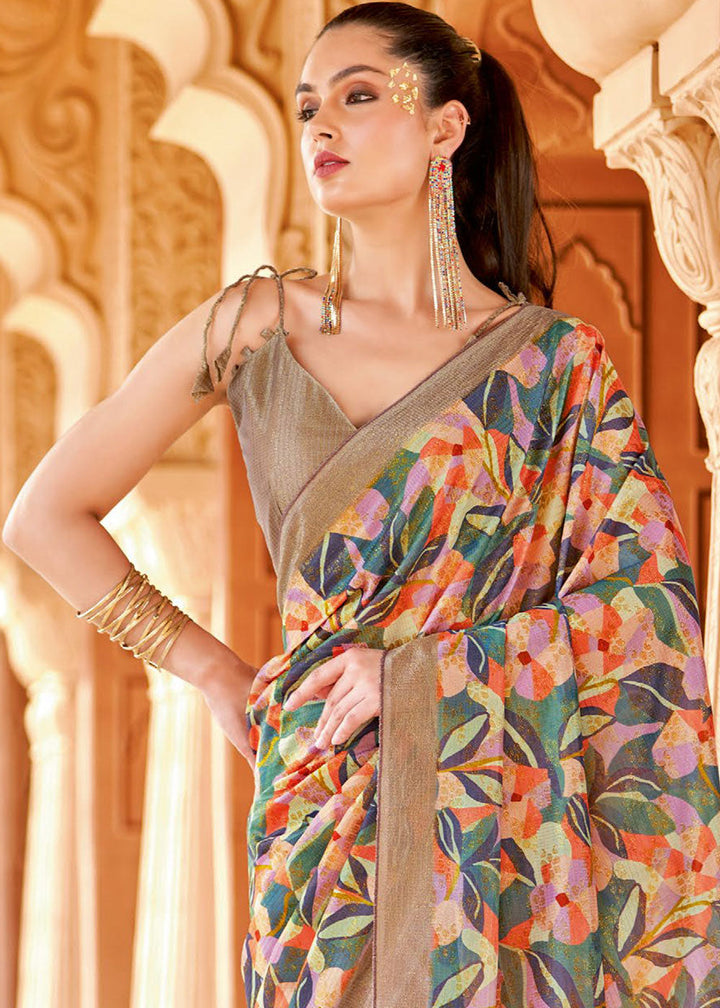 Brownish Grey Floral Printed Cotton Silk Saree:Summer Collection