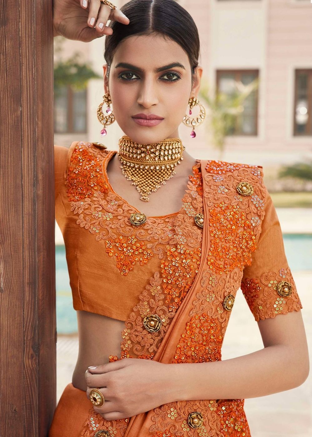 Coral Orange Designer Satin Georgette Saree with Embroidery work