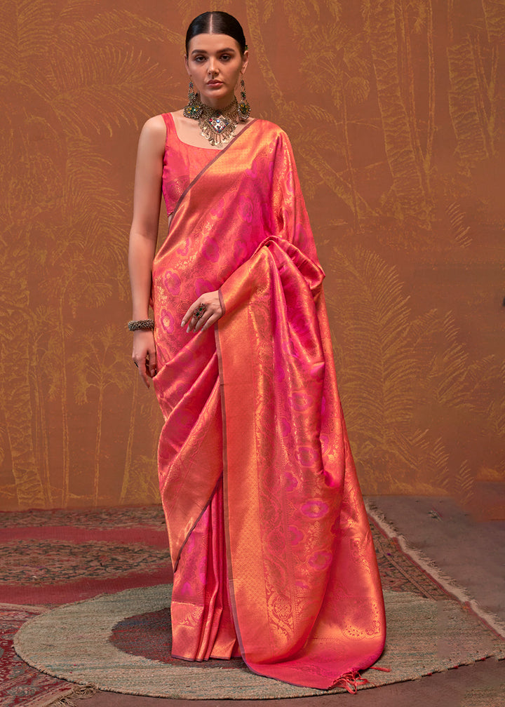 Pink & Golden Handloom Woven Designer Silk Saree