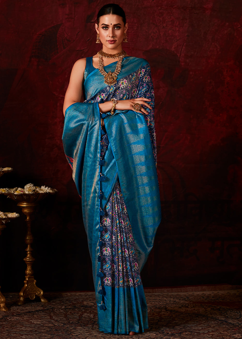 Shades Of Blue Patola Printed Silk Saree with Contrast Blouse