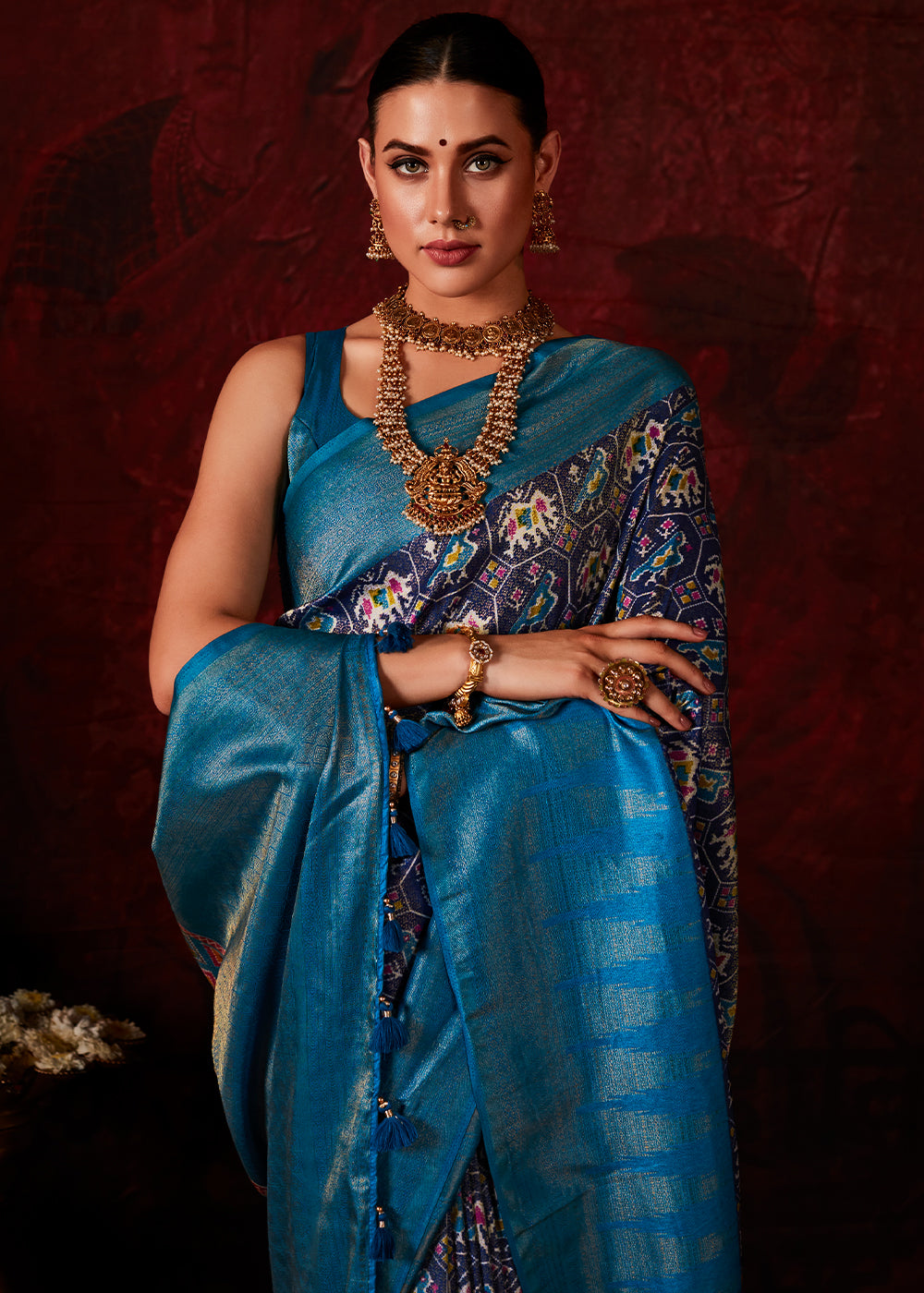 Shades Of Blue Patola Printed Silk Saree with Contrast Blouse