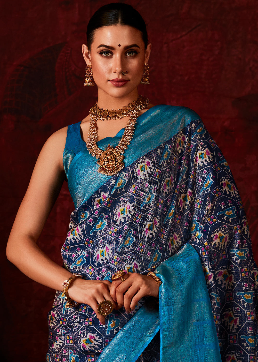 Shades Of Blue Patola Printed Silk Saree with Contrast Blouse