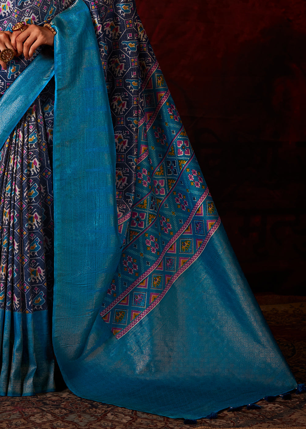 Shades Of Blue Patola Printed Silk Saree with Contrast Blouse