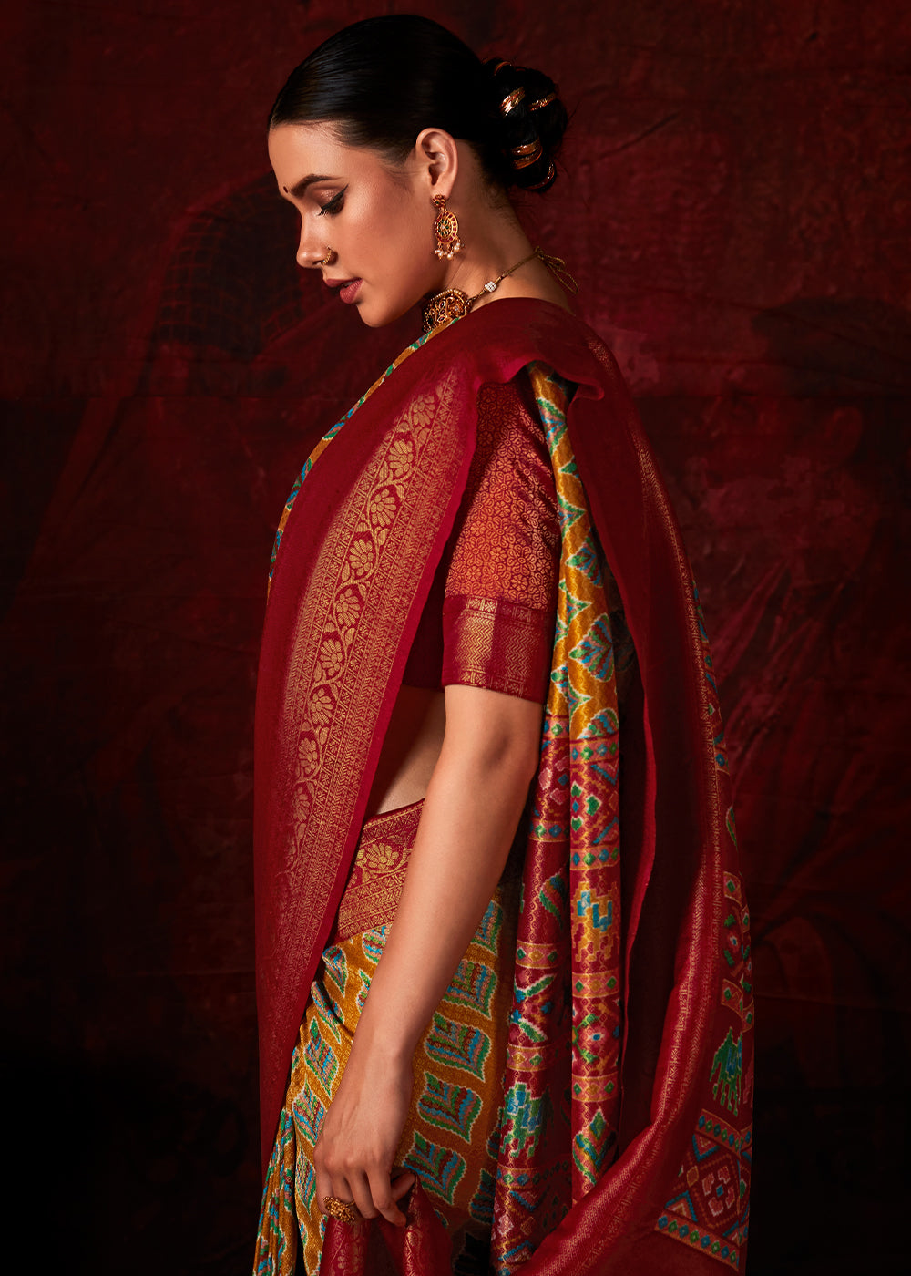 Maroon Red Patola Printed Silk Saree with Contrast Blouse