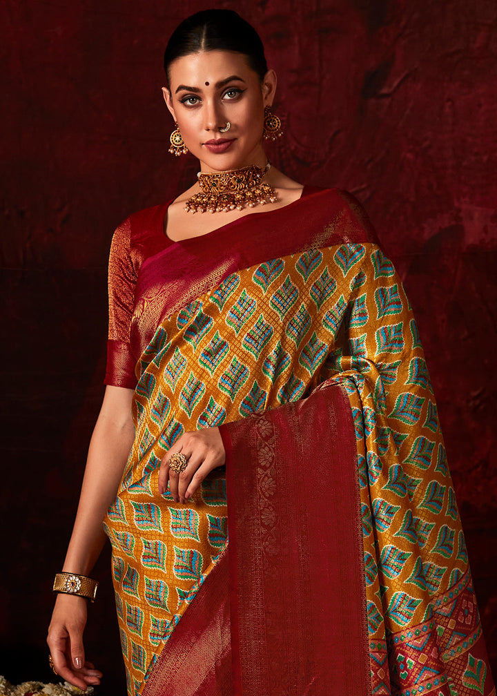 Maroon Red Patola Printed Silk Saree with Contrast Blouse