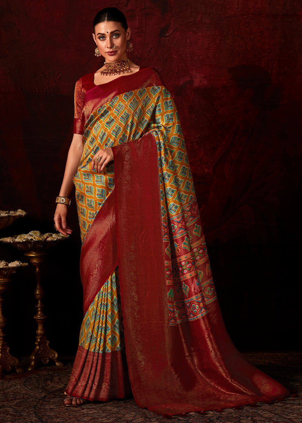 Maroon Red Patola Printed Silk Saree with Contrast Blouse