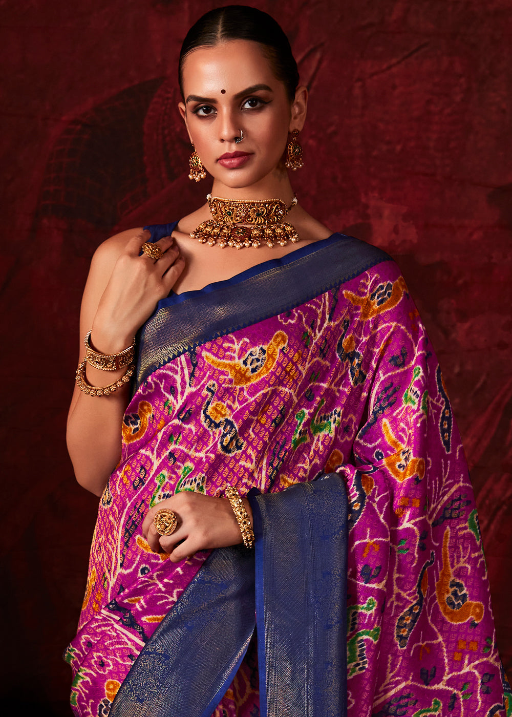 Pink & Purple Patola Printed Silk Saree with Contrast Blouse