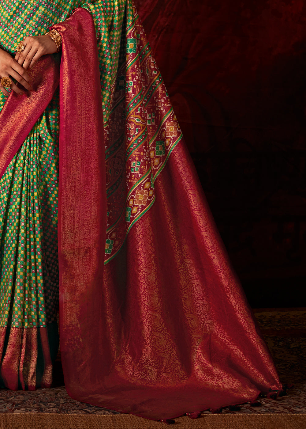 Red & Green Patola Printed Silk Saree with Contrast Blouse