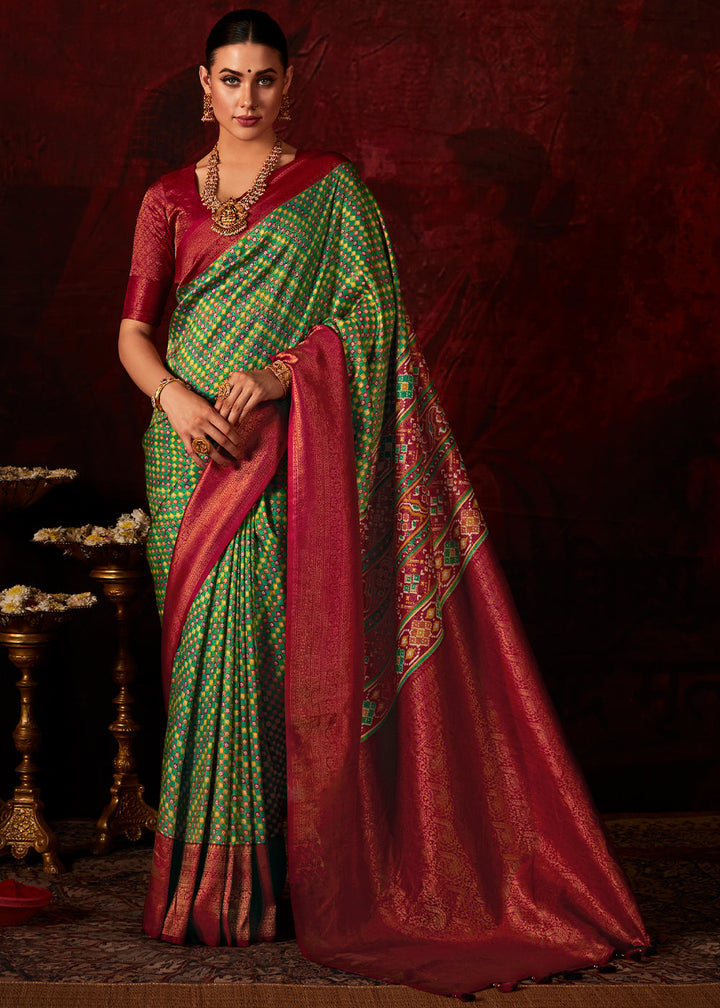 Red & Green Patola Printed Silk Saree with Contrast Blouse