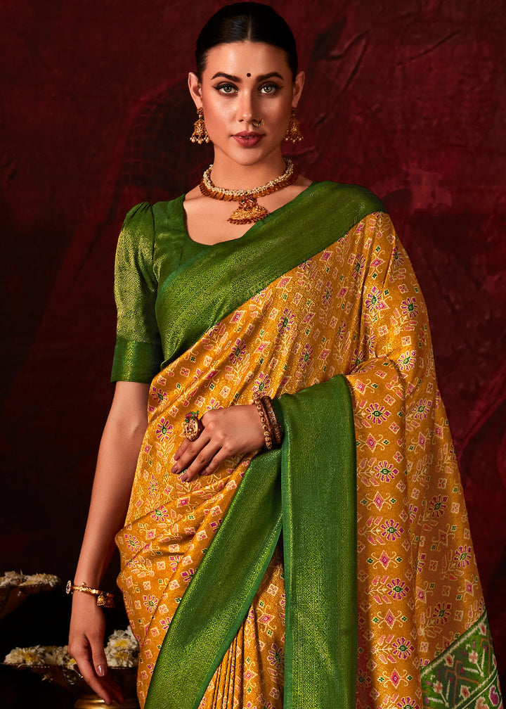 Mustard Yellow Patola Printed Silk Saree with Contrast Blouse