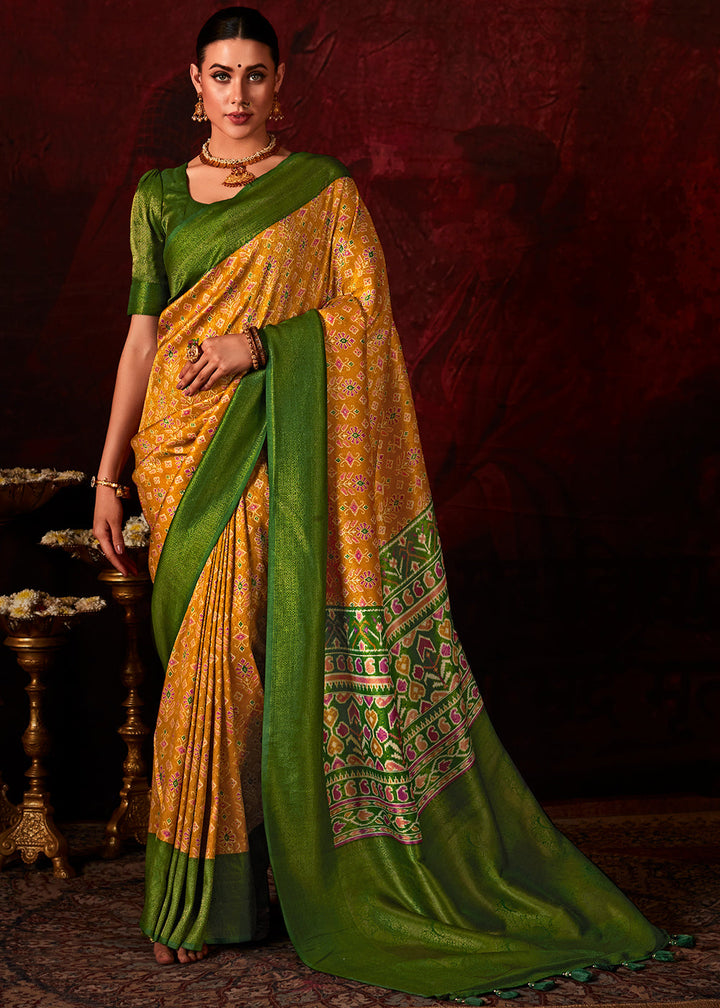 Mustard Yellow Patola Printed Silk Saree with Contrast Blouse