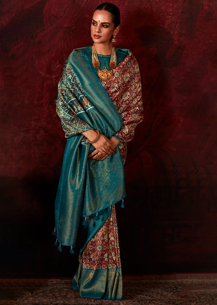 Blue & Brown Patola Printed Silk Saree with Contrast Blouse