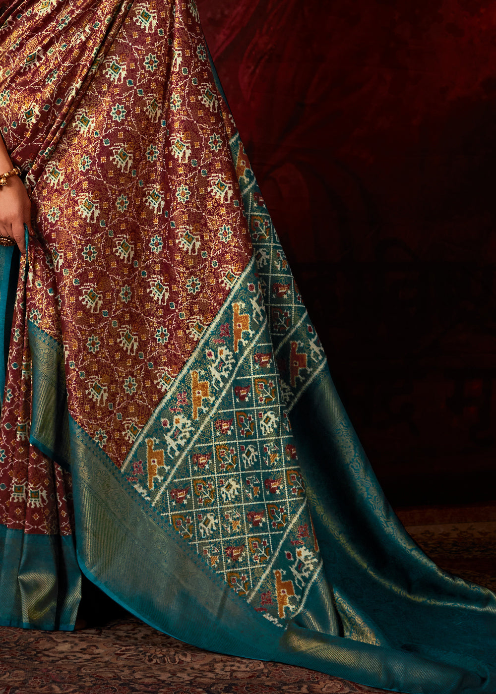 Blue & Brown Patola Printed Silk Saree with Contrast Blouse