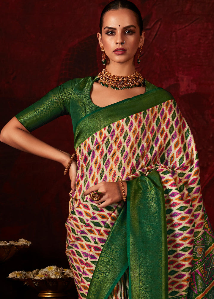 Green & White Patola Printed Silk Saree with Contrast Blouse