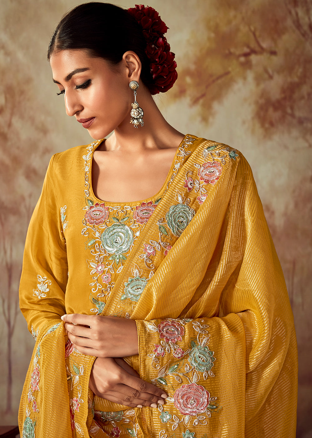 Mustard Yellow Silk Salwar Suit With Floral Embroidery Work