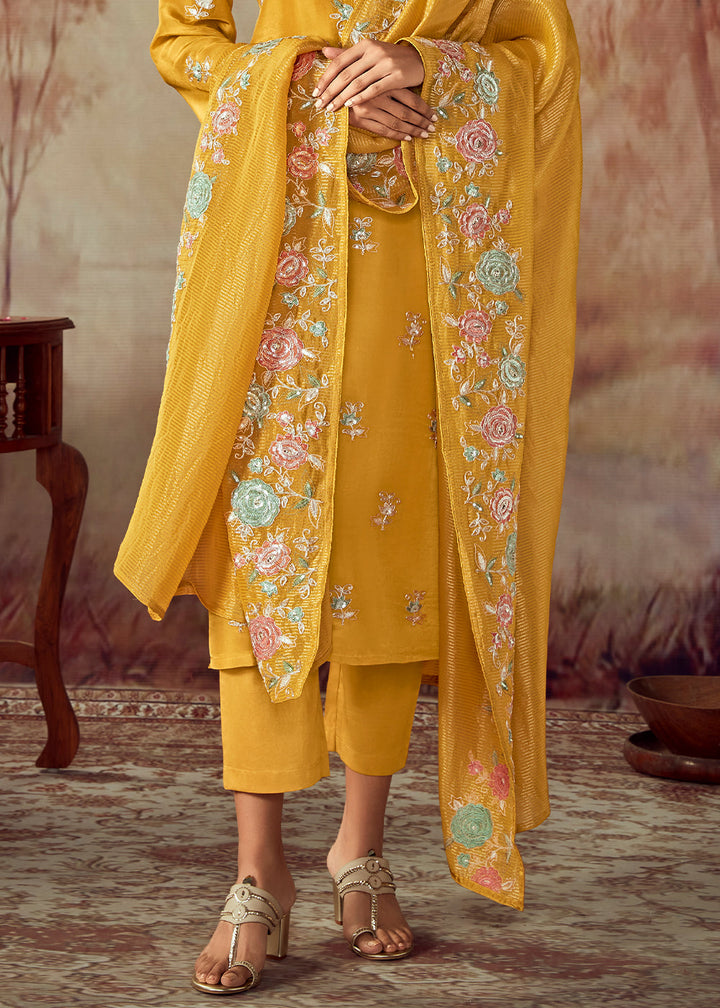 Mustard Yellow Silk Salwar Suit With Floral Embroidery Work