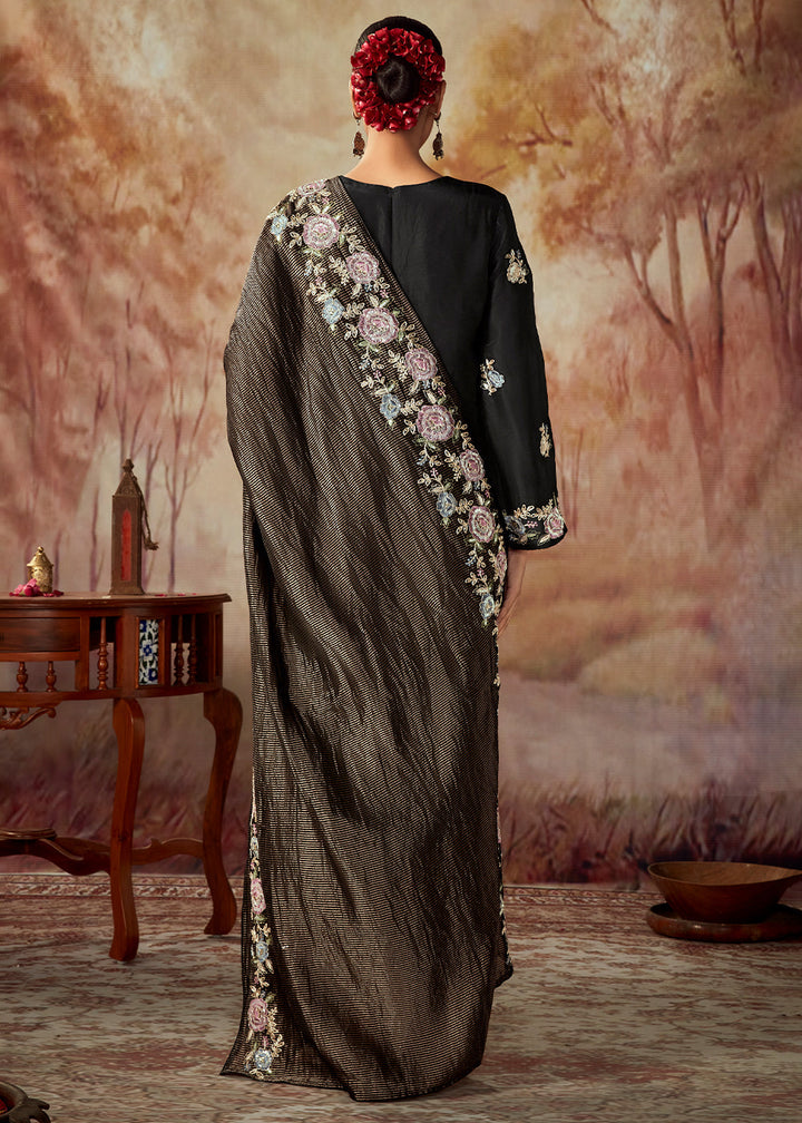 Midnight Black Silk Salwar Suit With Floral Embroidery Work