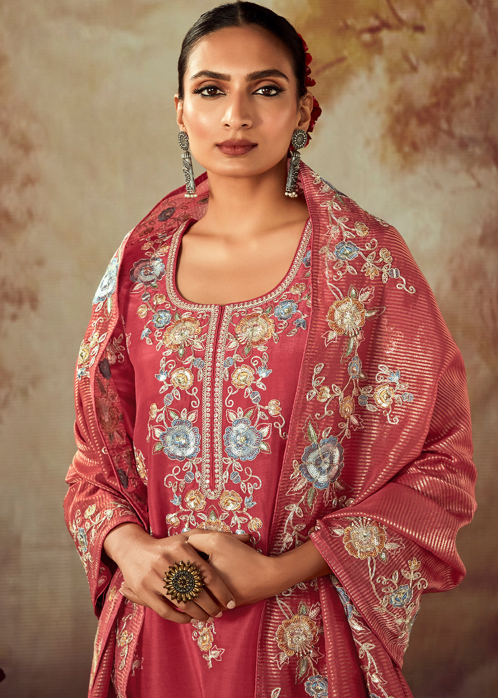 Fiery Rose Pink Silk Salwar Suit With Floral Embroidery Work