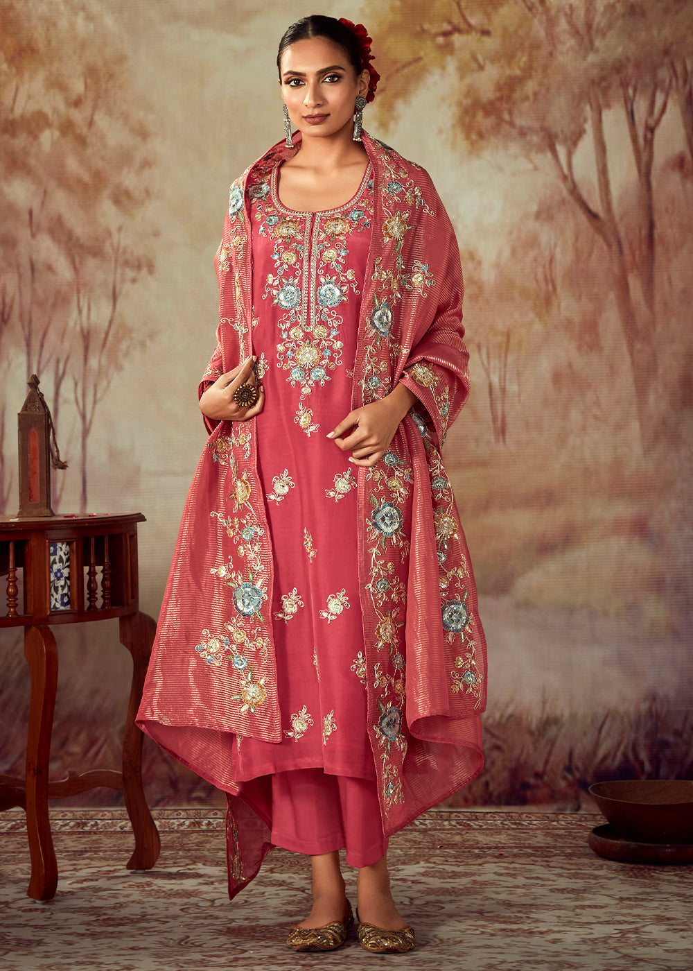 Fiery Rose Pink Silk Salwar Suit With Floral Embroidery Work