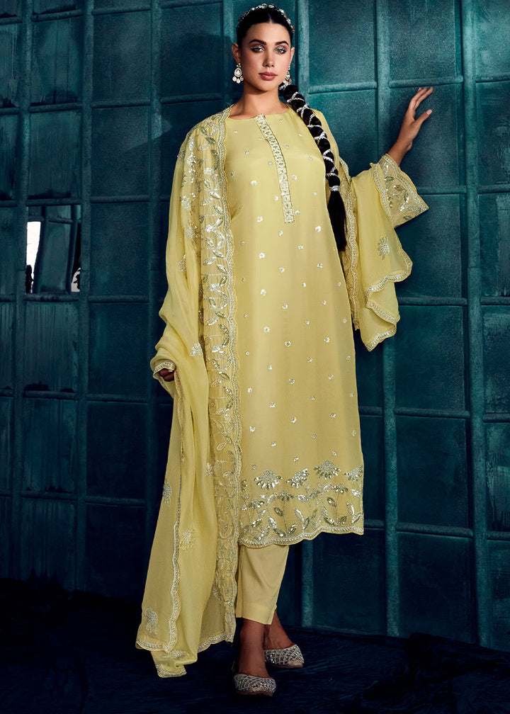 Jonquil Yellow Silk Salwar Suit with Embroidery work