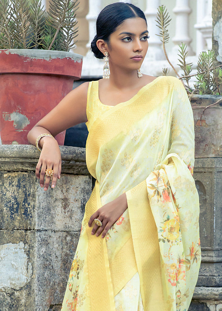 Shades Of Yellow Floral Printed Silk Saree