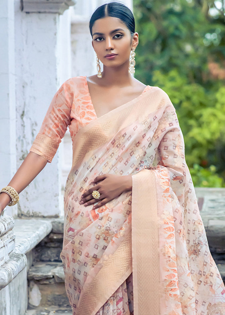 Peach Pink & White Floral Printed Silk Saree