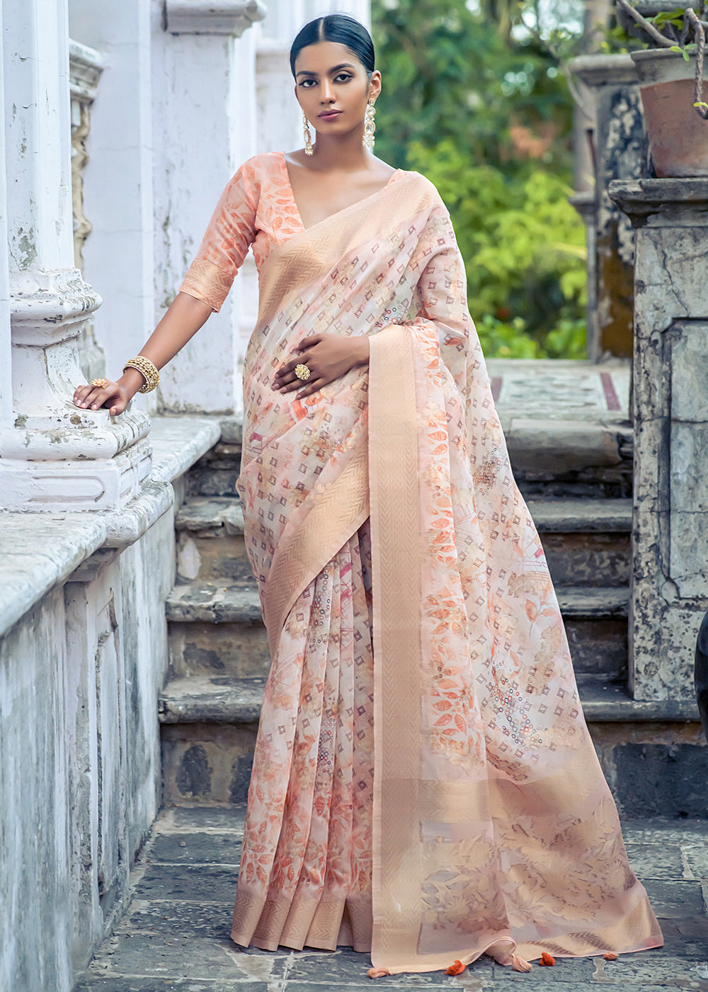 Peach Pink & White Floral Printed Silk Saree