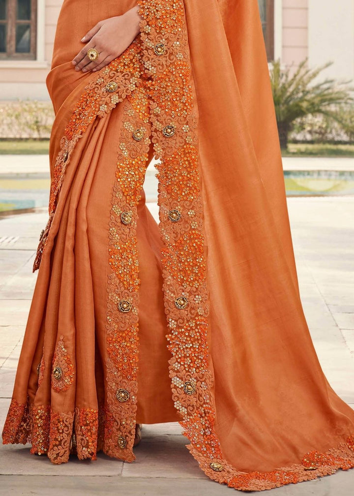 Coral Orange Designer Satin Georgette Saree with Embroidery work